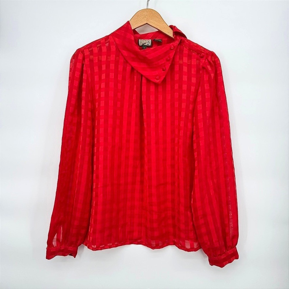 Mallards Point Blouse Red Checkered Asymmetrical Button Neck‎ VTG Dressy Sz 11